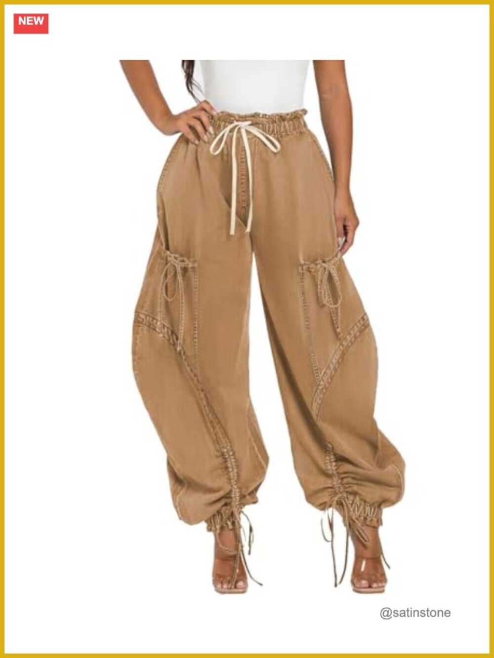 Y2K Drawstring Ankle Tie Cargo Parachute Jeans High Waist Baggy Wide Leg Denim